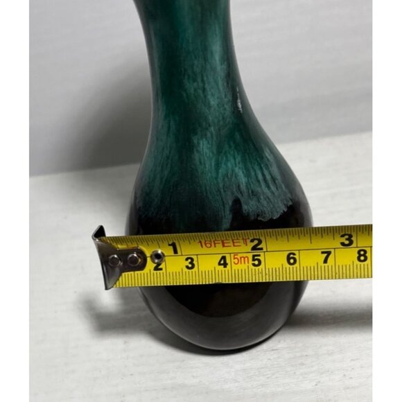 Canadian Pottery Bud Vase Slant Cut Bulb 6.5" Light Teal Black Drip Glaze MCM - Picture 6 of 8